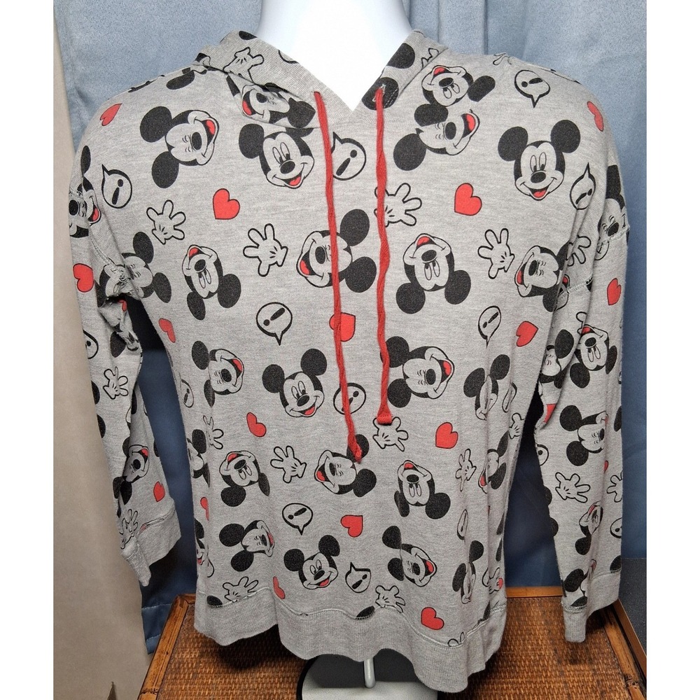 Disney Mickey Mouse All Over Print Hoodie Gray Red Heart Pullover JJ3944 Large
